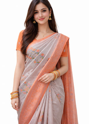 Elite Kupera Korvai Elite Bridal Rapier Fancy Lightweight Silk Sarees - LTS88 Orange & Mettalic Silver