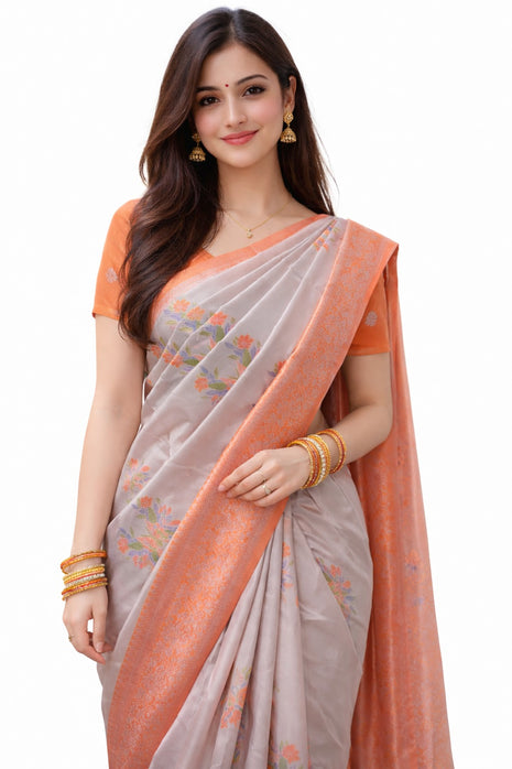 Elite Kupera Korvai Elite Bridal Rapier Fancy Lightweight Silk Sarees - LTS88 Orange & Mettalic Silver