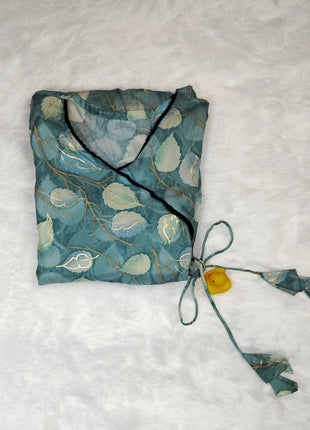 Luna Teal Leaf Print Flared Wrap Dress