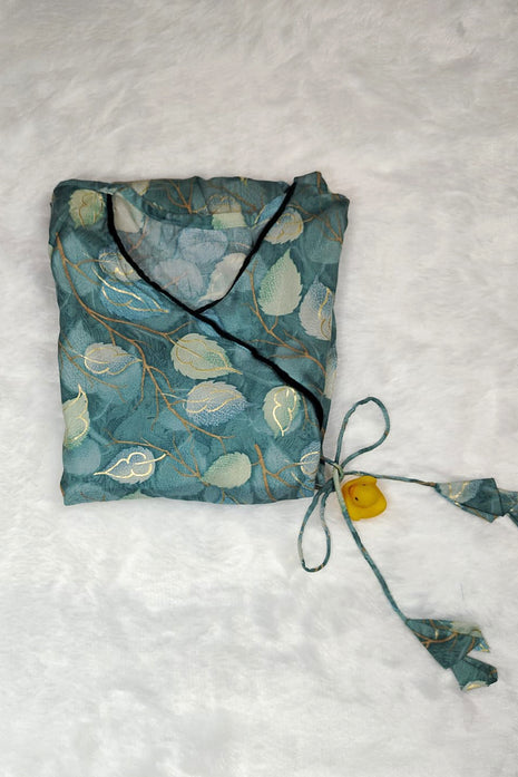 Luna Teal Leaf Print Flared Wrap Dress