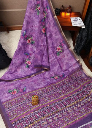 Handloom Floral Linen Soft Silk Cotton Saree -LTS104  Bright Violet