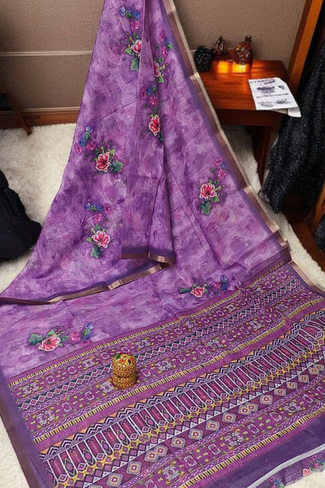 Handloom Floral Linen Soft Silk Cotton Saree -LTS104  Bright Violet