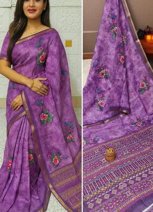 Handloom Floral Linen Soft Silk Cotton Saree -LTS104  Bright Violet