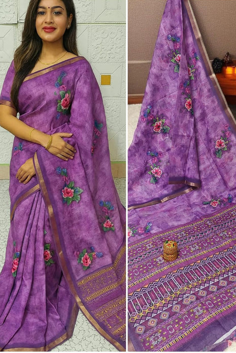 Handloom Floral Linen Soft Silk Cotton Saree -LTS104  Bright Violet
