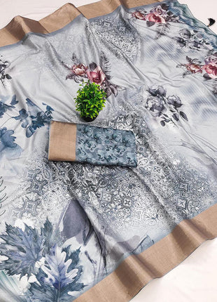 Apple Silk Sarees - Silver Grey with floral print