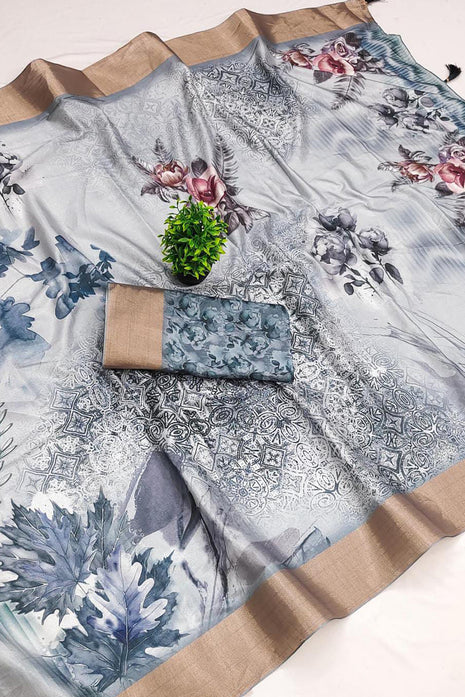 Apple Silk Sarees - Silver Grey with floral print