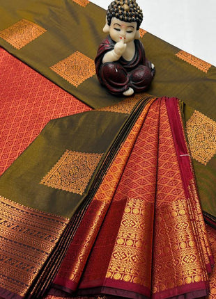 Kanchipuram Handloom Soft Silk Saree - LTS133 Olive Green & Maroon