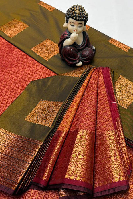Kanchipuram Handloom Soft Silk Saree - LTS133 Olive Green & Maroon