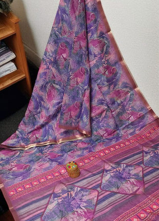 Handloom Floral Linen Soft Silk Cotton Saree - LTS103 Deep Blue-Purple