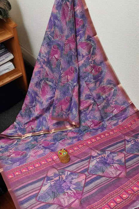 Handloom Floral Linen Soft Silk Cotton Saree - LTS103 Deep Blue-Purple