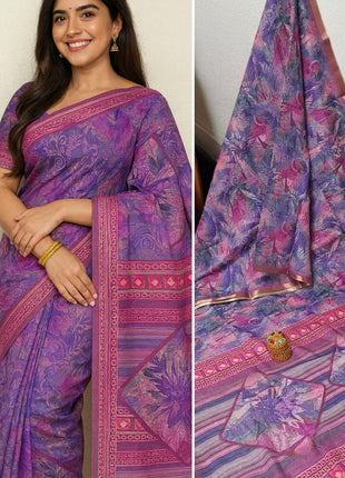 Handloom Floral Linen Soft Silk Cotton Saree - LTS103 Deep Blue-Purple