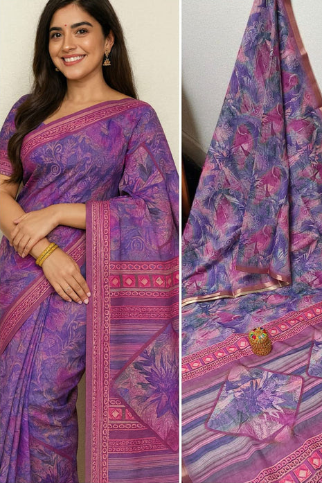 Handloom Floral Linen Soft Silk Cotton Saree - LTS103 Deep Blue-Purple