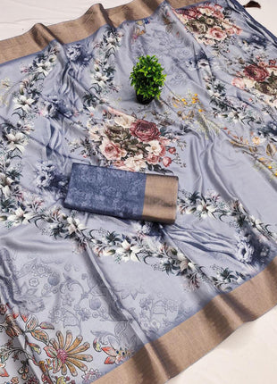 Apple Silk Sarees - Steel Blue with floral print