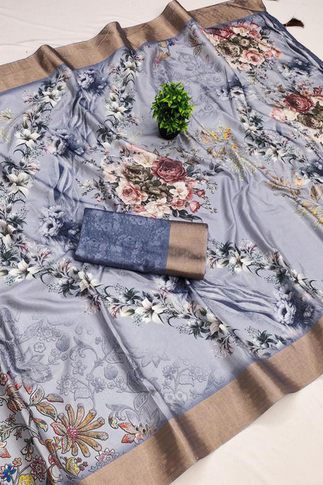 Apple Silk Sarees - Steel Blue with floral print
