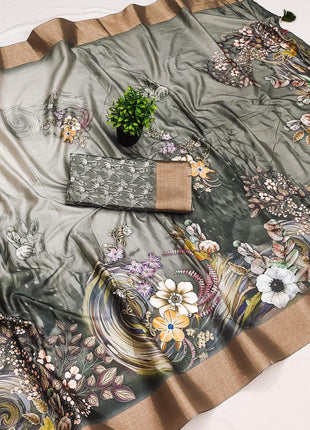 Apple Silk Sarees - Bottle Green with floral print