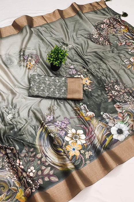 Apple Silk Sarees - Bottle Green with floral print