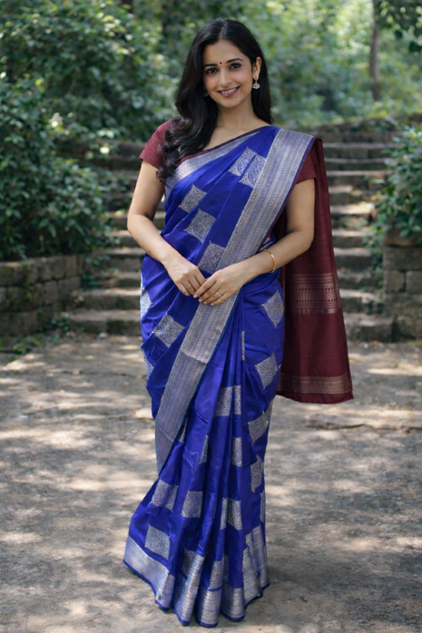 Kanchipuram Handloom Soft Silk Saree - LTS130 Royal Blue & Maroon