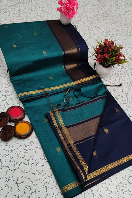 Luna Silk Cotton Sarees - LTS55 Teal Green & Navy Blue