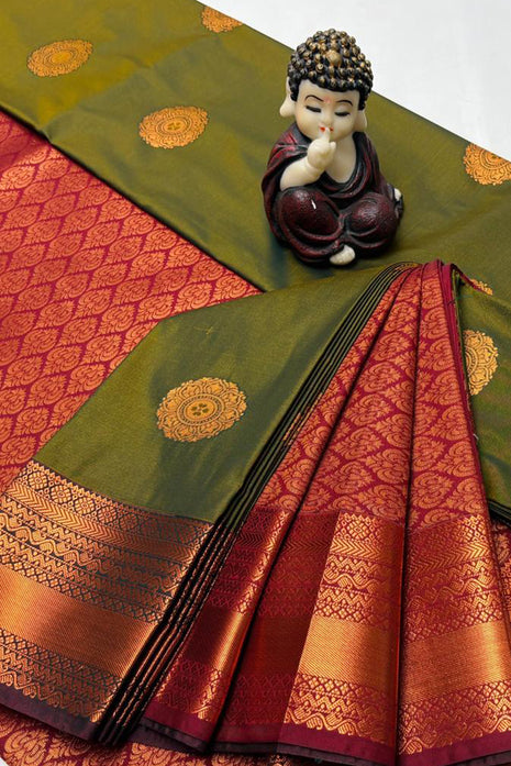 Kanchipuram Handloom Soft Silk Saree - LTS127 Olive Green & Maroon