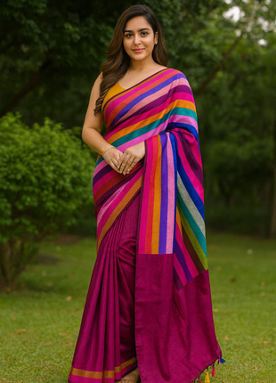 Multi Color Mulmul Cotton Saree - LT29 Multicolor Stripes