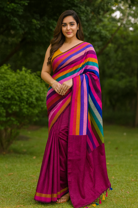 Multi Color Mulmul Cotton Saree - LT29 Multicolor Stripes