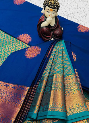 Kanchipuram Handloom Soft Silk Saree - LTS126 Dark Blue & Teal Green