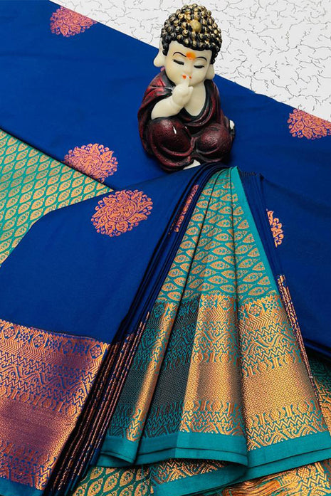 Kanchipuram Handloom Soft Silk Saree - LTS126 Dark Blue & Teal Green