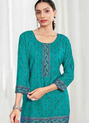 Heavy Rayon Mombay Fabric Multi Print - LTT14 Teal Green