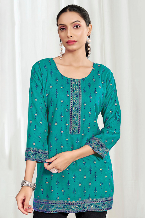 Heavy Rayon Mombay Fabric Multi Print - LTT14 Teal Green