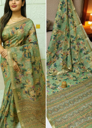 Handloom Floral Linen Soft Silk Cotton Saree - LTS113 Light Olive Green