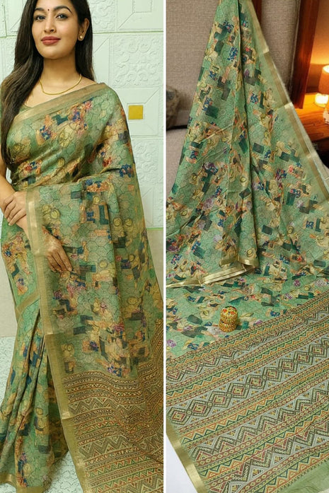Handloom Floral Linen Soft Silk Cotton Saree - LTS113 Light Olive Green