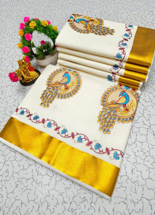 Kerala Silk Cotton Saree - LTS85 Golden border + Peacock motif