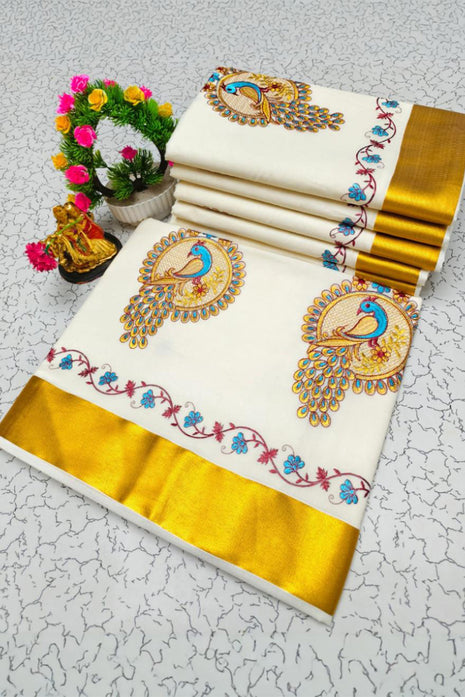 Kerala Silk Cotton Saree - LTS85 Golden border + Peacock motif
