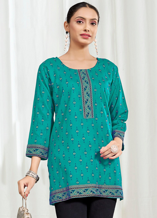 Heavy Rayon Mombay Fabric Multi Print - LTT14 Teal Green