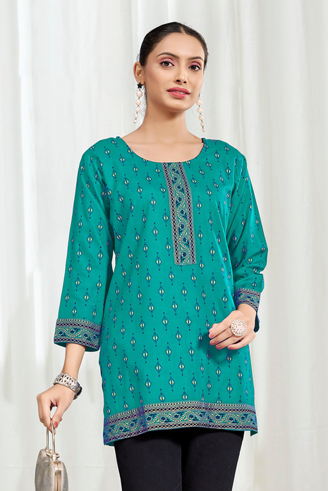 Heavy Rayon Mombay Fabric Multi Print - LTT14 Teal Green