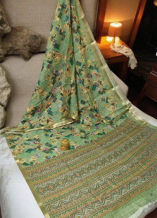 Handloom Floral Linen Soft Silk Cotton Saree - LTS113 Light Olive Green