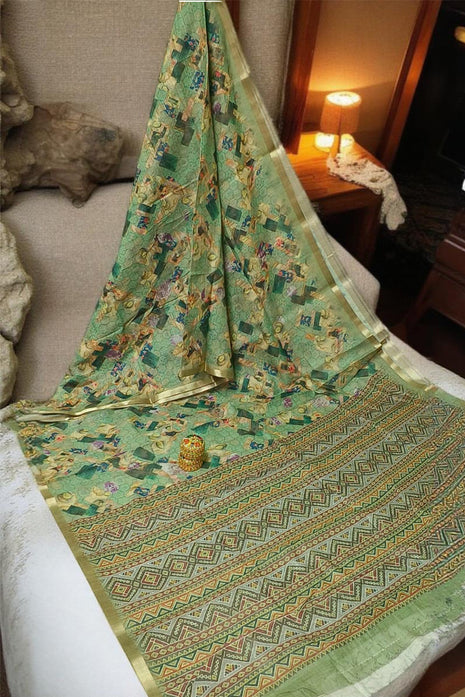 Handloom Floral Linen Soft Silk Cotton Saree - LTS113 Light Olive Green
