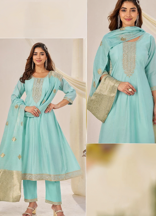 Elegant Roman Silk Suit with Jacquard Dupatta - LTK07 Aqua Blue
