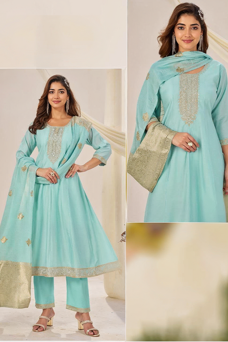Elegant Roman Silk Suit with Jacquard Dupatta - LTK07 Aqua Blue