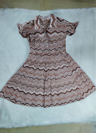 Luna Brown Zig-Zag Print Button-Down Long Dress