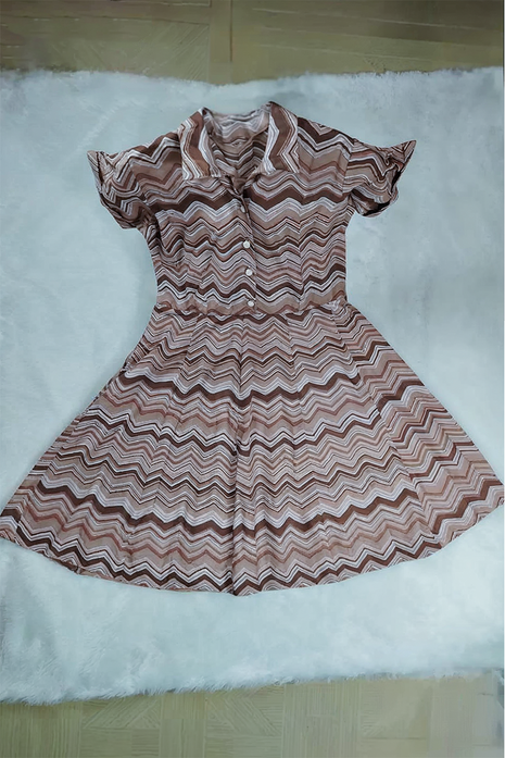 Luna Brown Zig-Zag Print Button-Down Long Dress