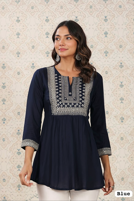 Trending Short Length Kurti with Embroidery Work - LTT28 Blue