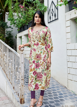 Embroidered Rayon Foil Print Kurti - LTT15 White & Pink