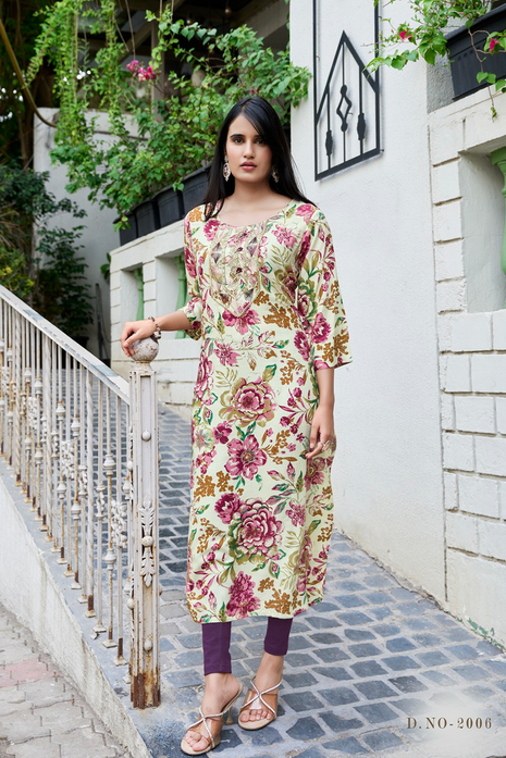 Embroidered Rayon Foil Print Kurti - LTT15 White & Pink