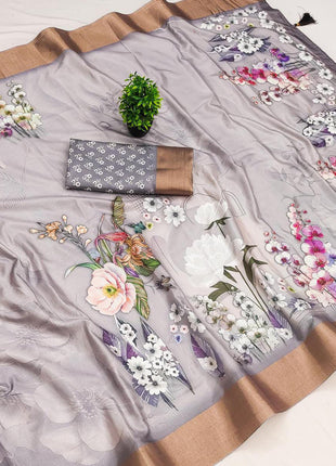 Apple Silk Sarees - Light Grey with multicolor floral print
