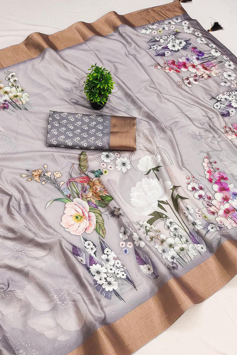 Apple Silk Sarees - Light Grey with multicolor floral print