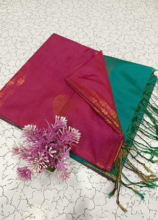 Fancy Soft Silk Bhutta Saree - Ruby Red & Teal Green