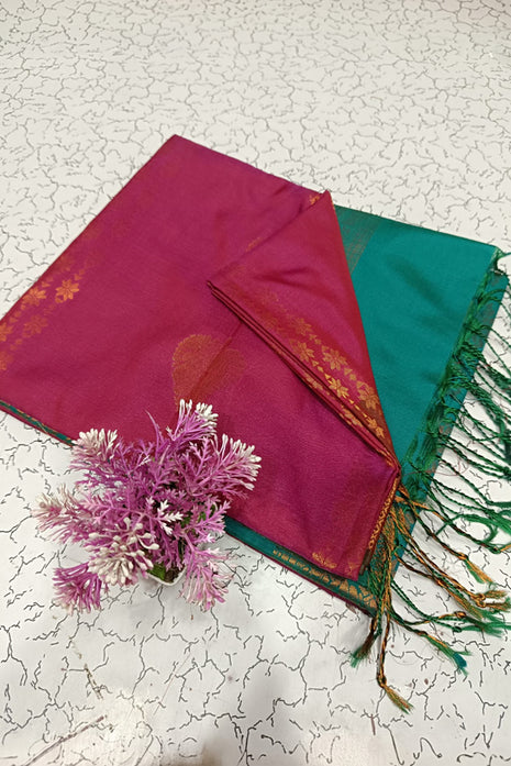 Fancy Soft Silk Bhutta Saree - Ruby Red & Teal Green