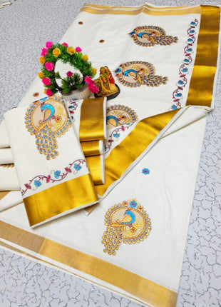 Kerala Silk Cotton Saree - LTS85 Golden border + Peacock motif