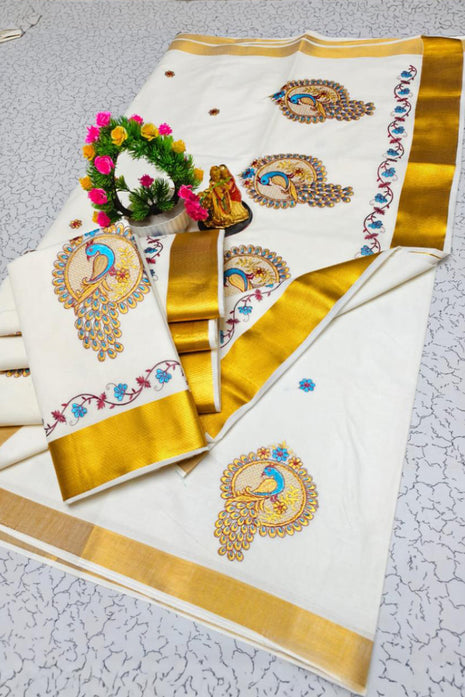 Kerala Silk Cotton Saree - LTS85 Golden border + Peacock motif